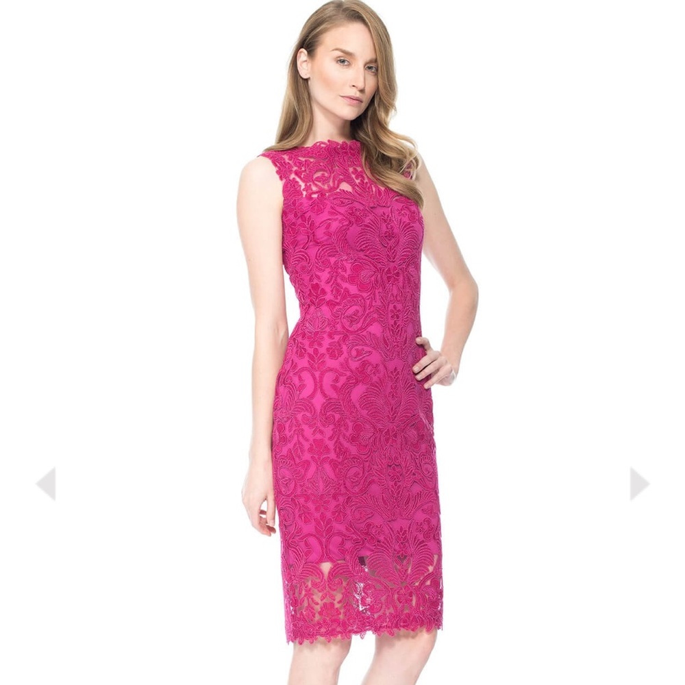 Tadashi Shoji Mendy embroidered tulle fuschia pink sheath lace dress 8